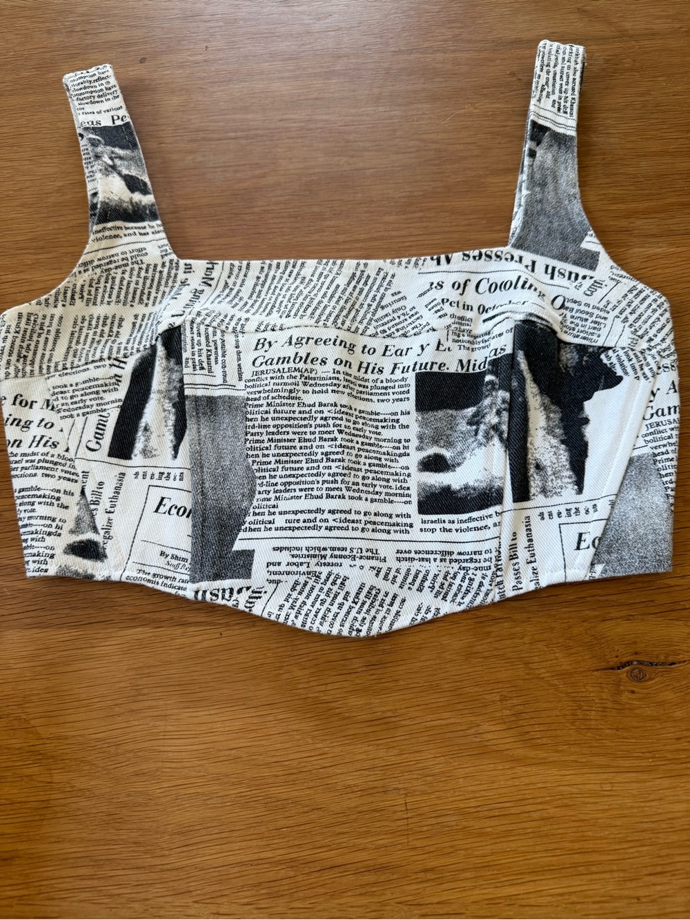 Et Clet Newspaper Print Square Neck Corset Crop Top- Black & White